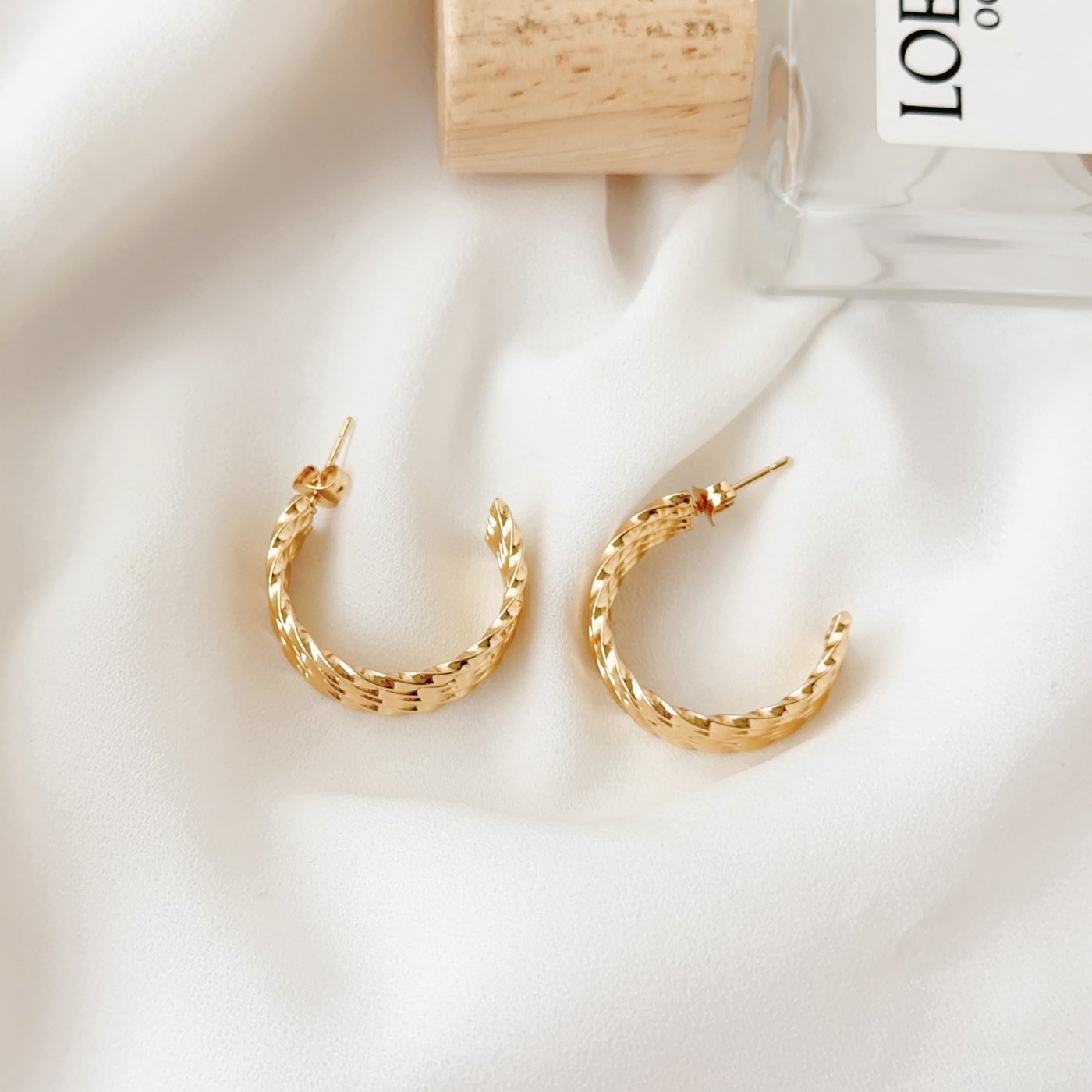 Gold Beaded Crescent Hoop Earrings - image 3