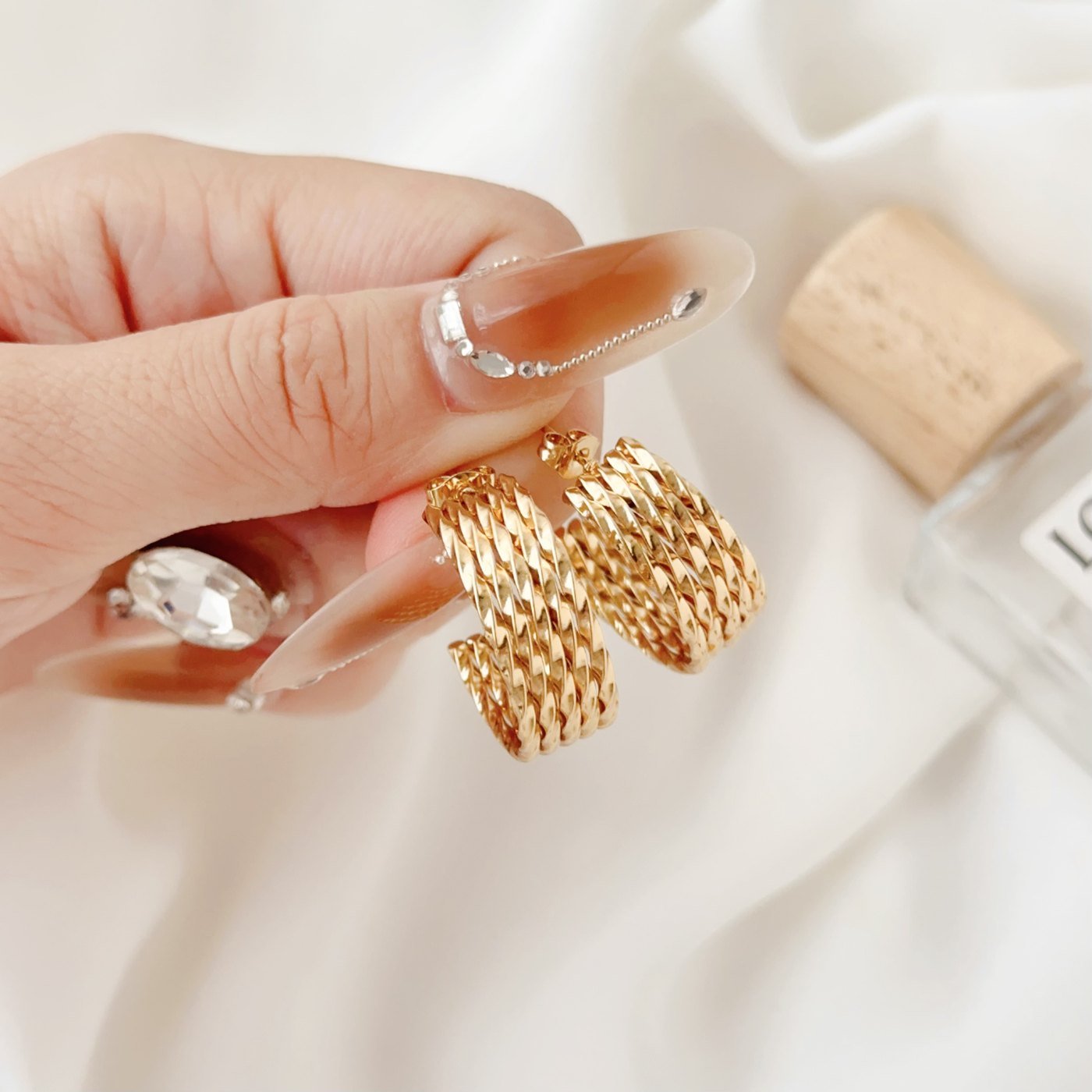 Gold Beaded Crescent Hoop Earrings - image 4