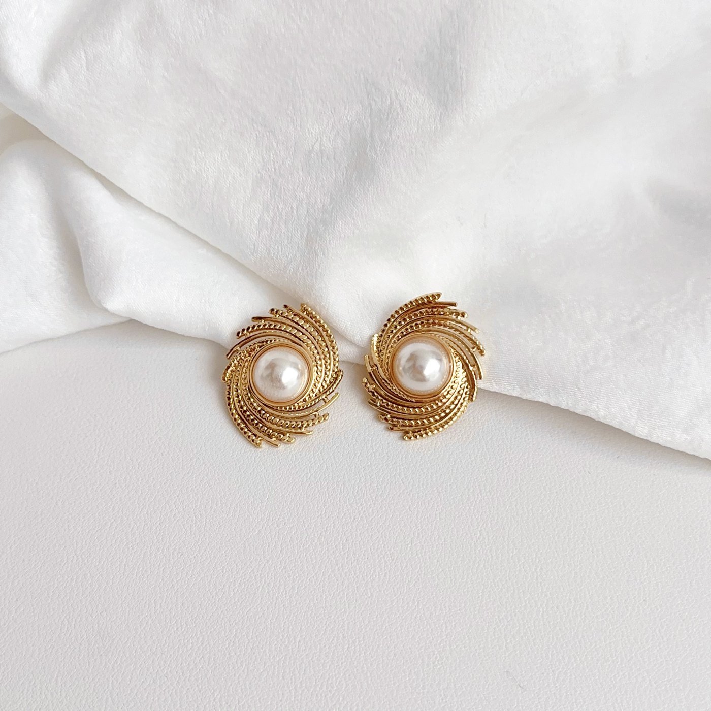 Gold Pearl Round Stud Earrings - image 1