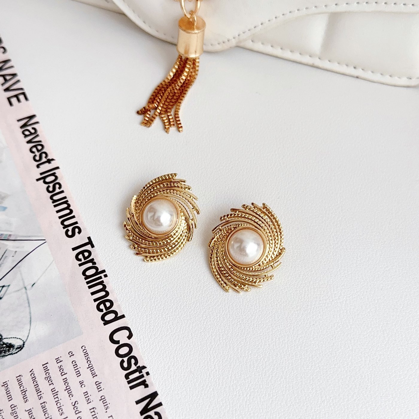 Gold Pearl Round Stud Earrings - image 4
