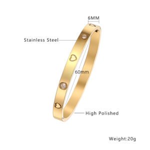 6mm 60mm Gold Stainless Steel CZ Heart Bangle Wholesale