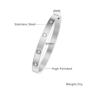 6mm 60mm Silver Stainless Steel CZ Clover Heart Bangle Wholesale