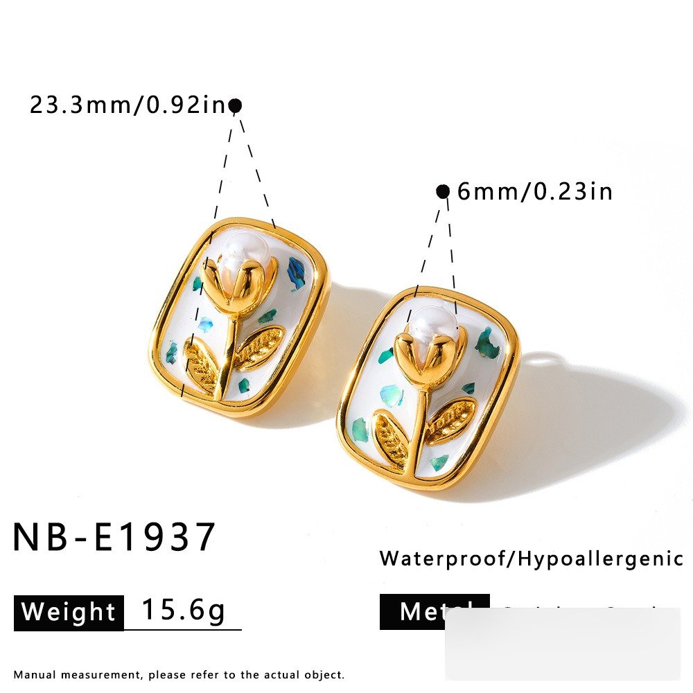 Stainless Steel Pearl Flower Minimalist Enamel Earrings Wholesale product image