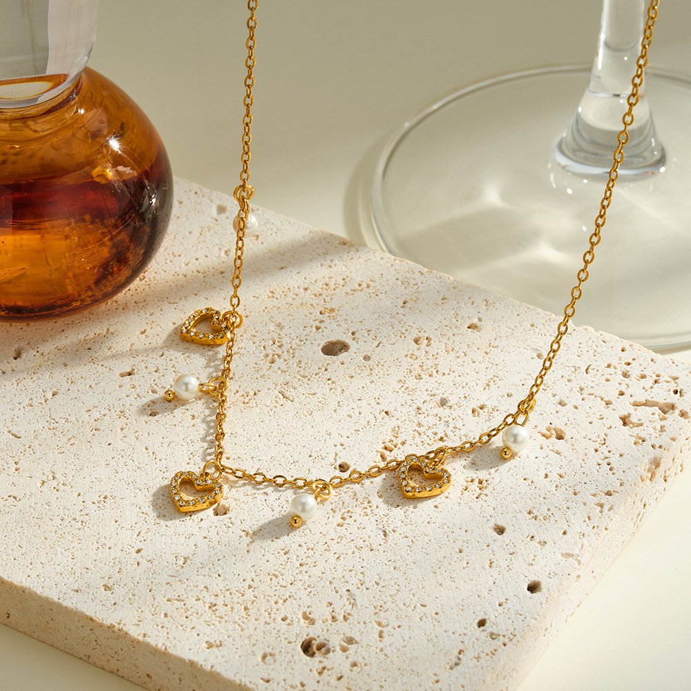 Stainless Steel Pearl CZ Heart Necklace Wholesale product image