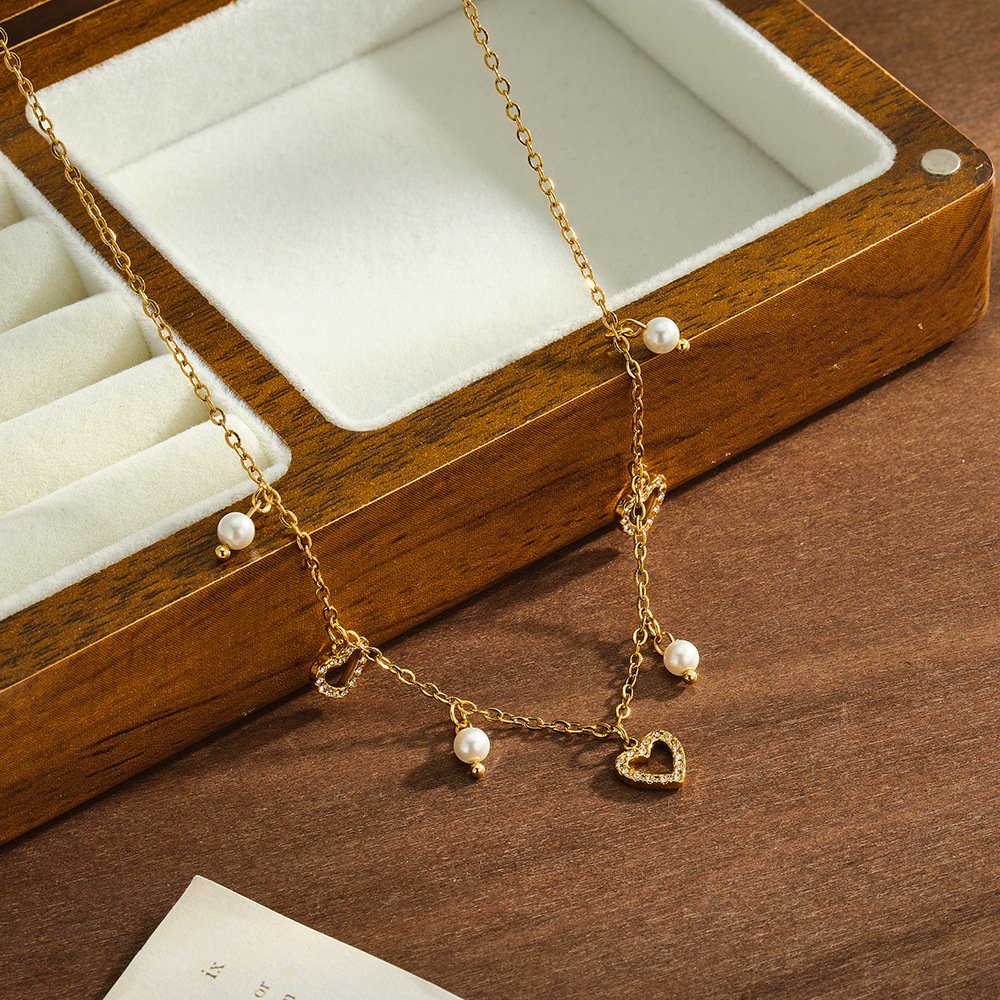 Stainless Steel Pearl CZ Heart Necklace Wholesale product image