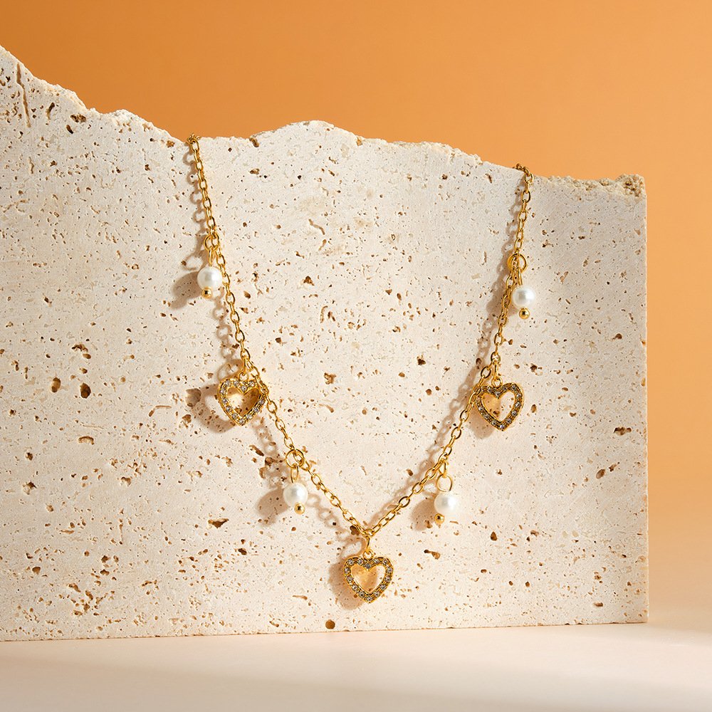 Stainless Steel Pearl CZ Heart Necklace Wholesale product image
