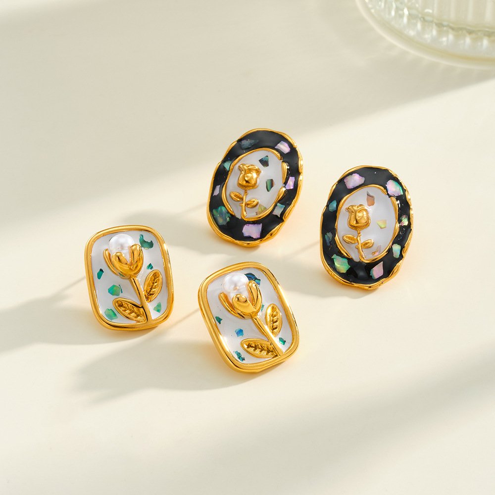 Stainless Steel Pearl Flower Minimalist Enamel Earrings Wholesale product image
