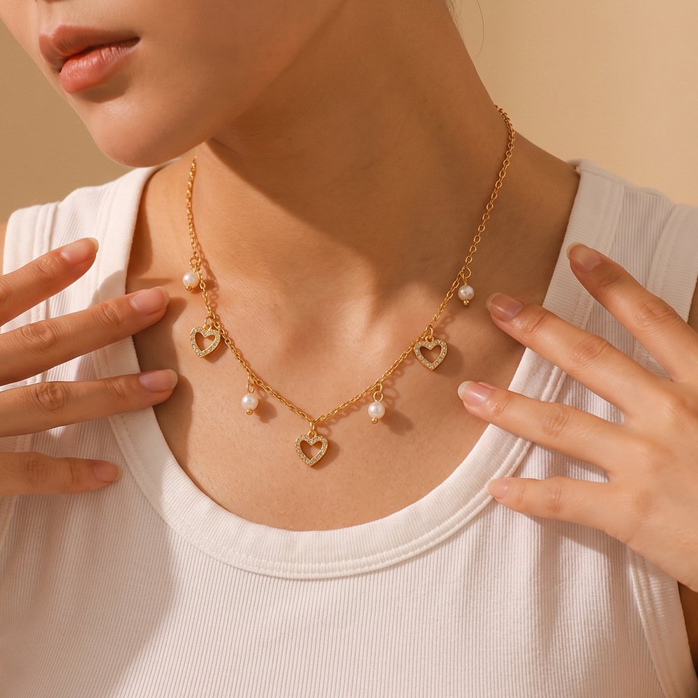 Stainless Steel Pearl CZ Heart Necklace Wholesale product image